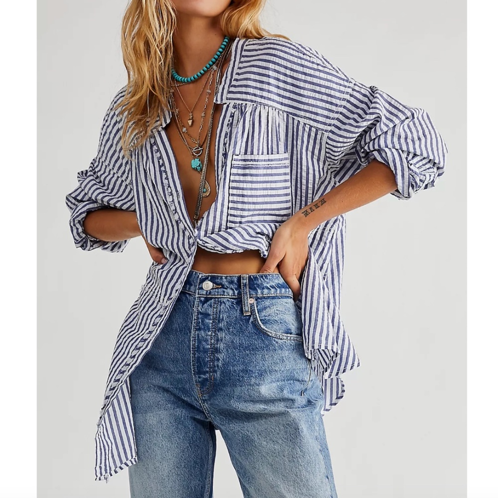 We The Free - Free People One Of The Boys Blue White Strip Tunic - Large